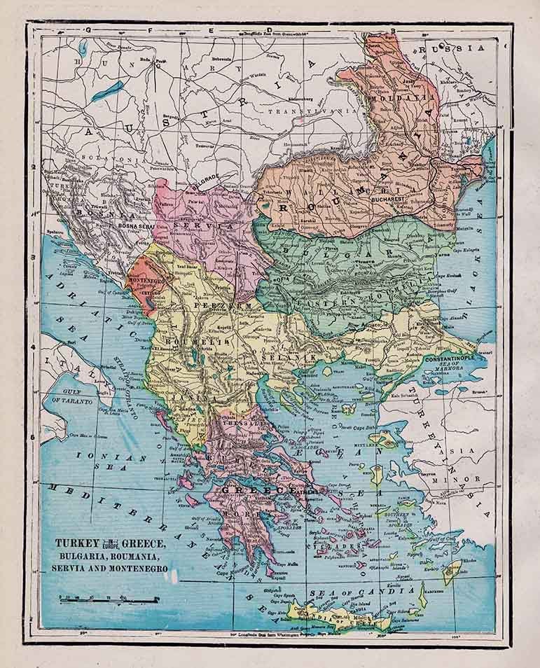 1900 Map of Turkey Greece Bulgaria Roumania Servia and Montenegro