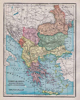 1900 Map of Turkey Greece Bulgaria Roumania Servia and Montenegro