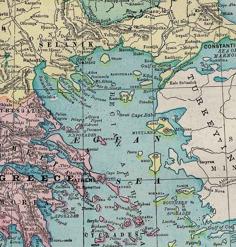 1900 Map of Turkey Greece Bulgaria Roumania Servia and Montenegro