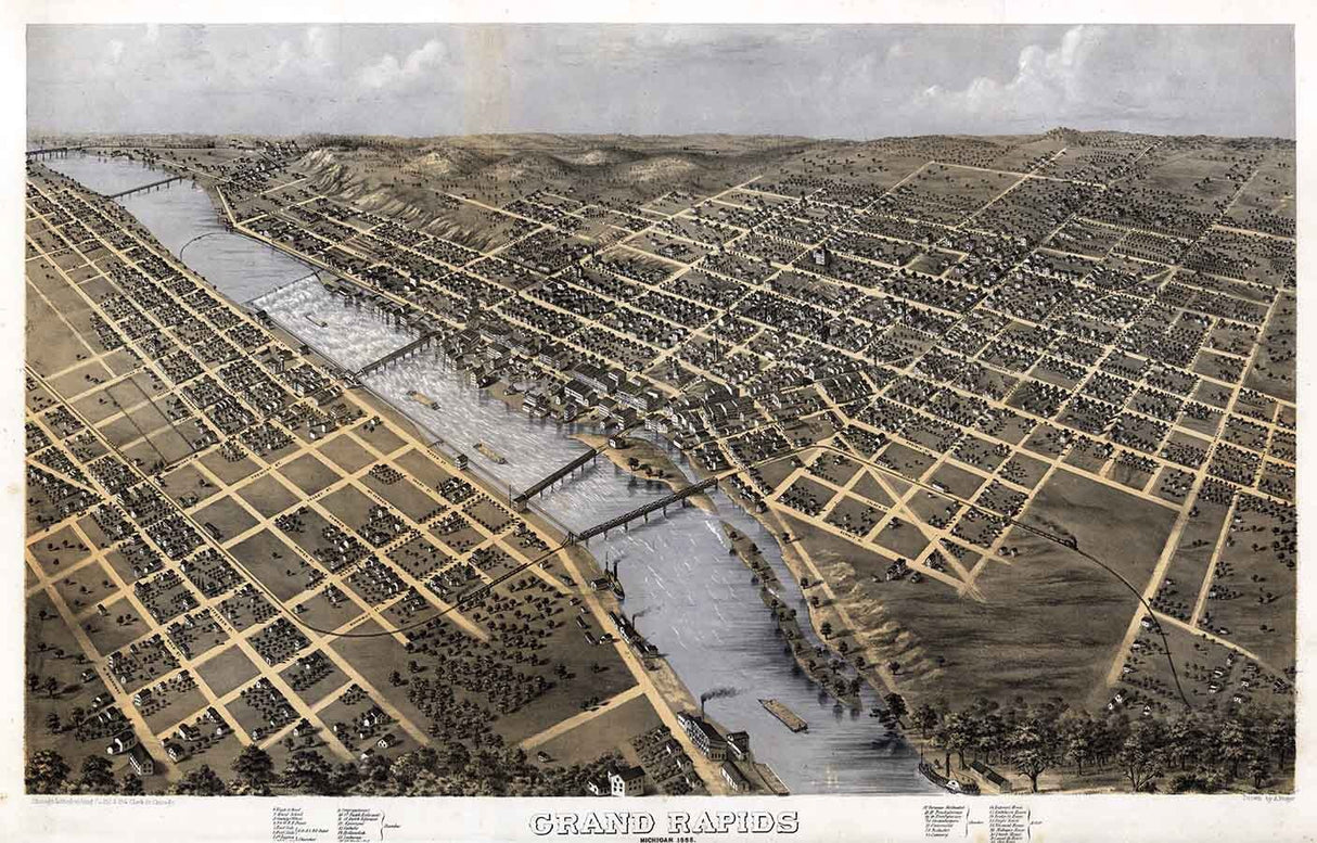 1868 Panoramic Map of Grand Rapids Michigan