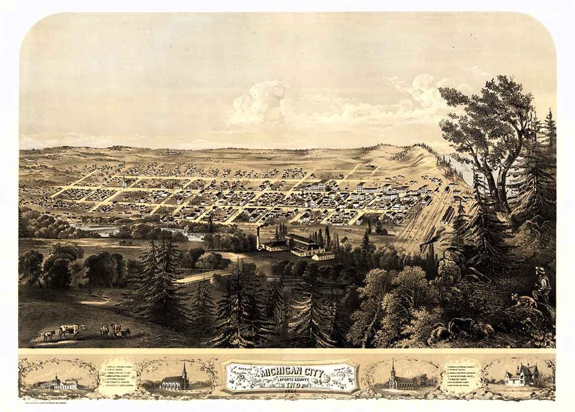 1869 Panoramic Map of Michigan City LaPorte County