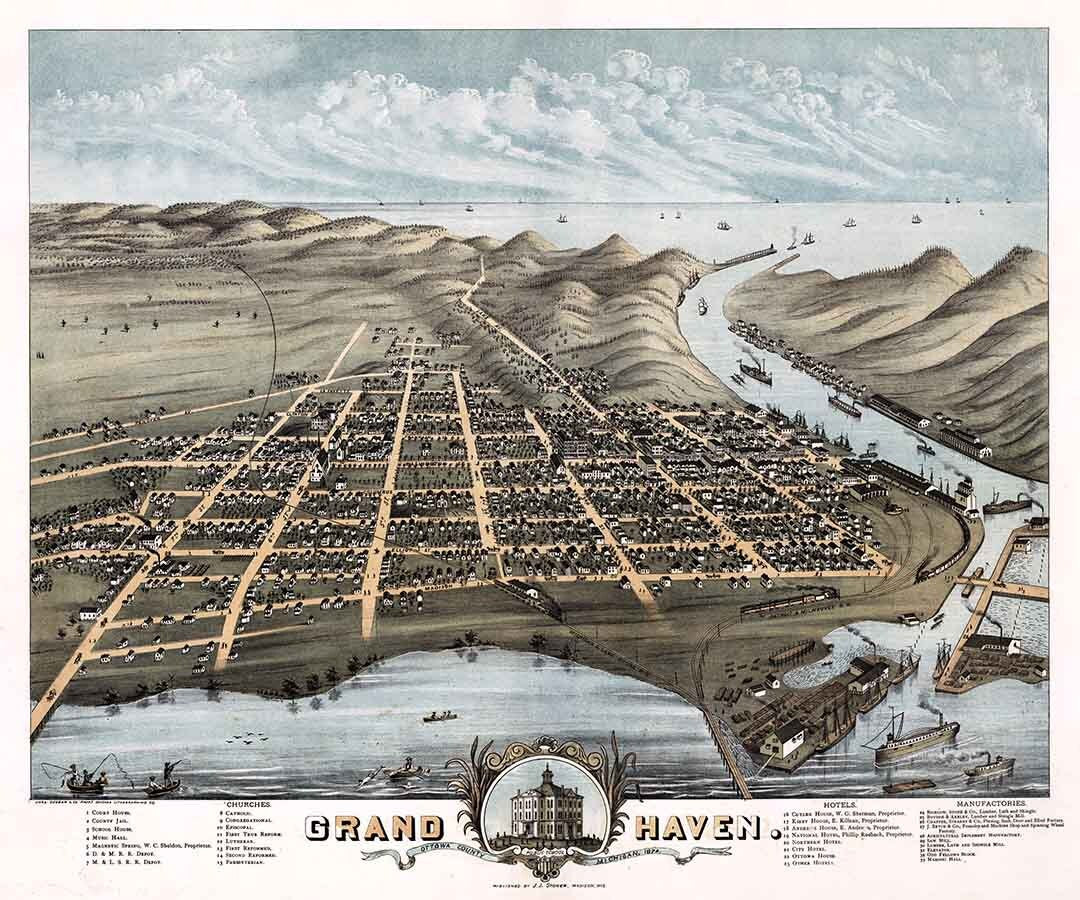 1874 Panoramic Map of Grand Haven Ottawa County Michigan