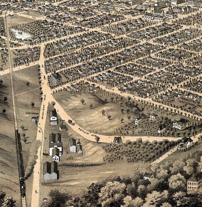 1874 Panoramic Map of Kalamazoo Michigan