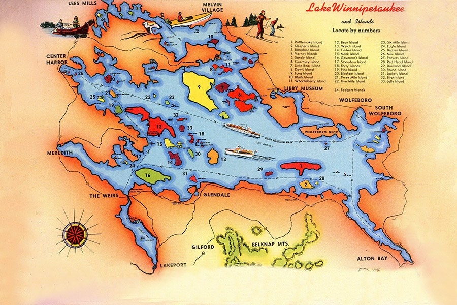 1940s Map of Lake Winnipesaukee New Hampshire
