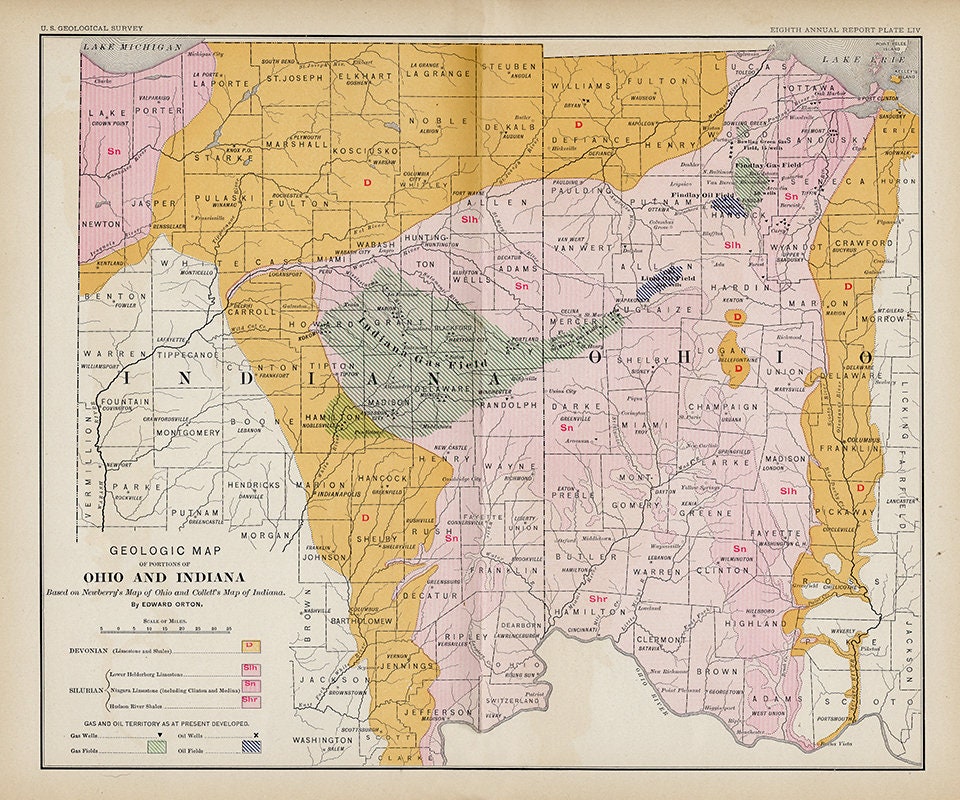 1889 Map of Ohio and Indiana Oil and Gas Well Fields