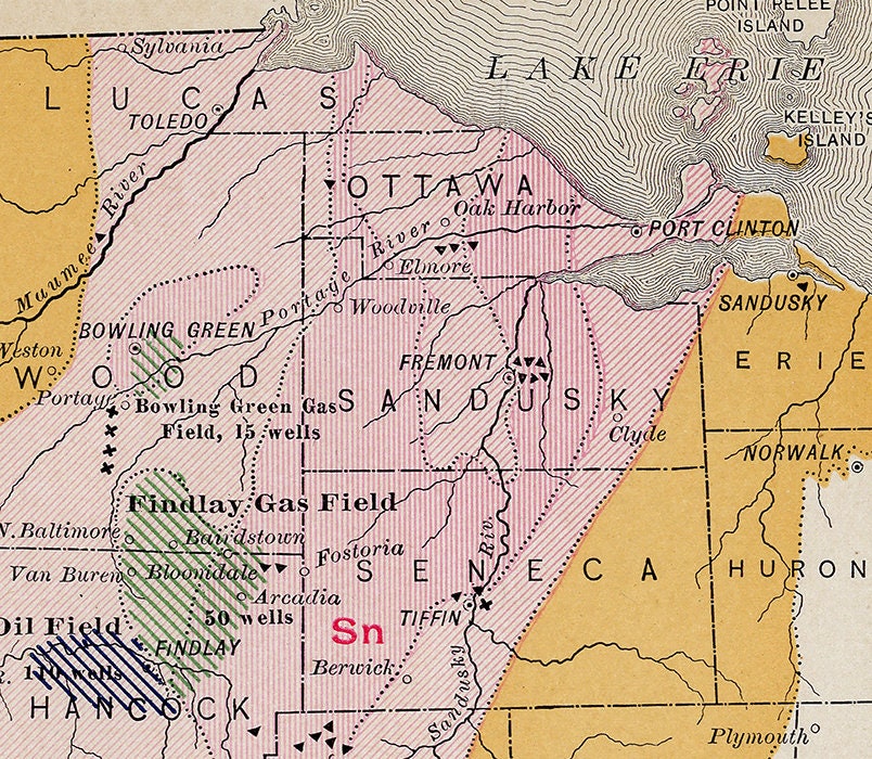 1889 Map of Ohio and Indiana Oil and Gas Well Fields