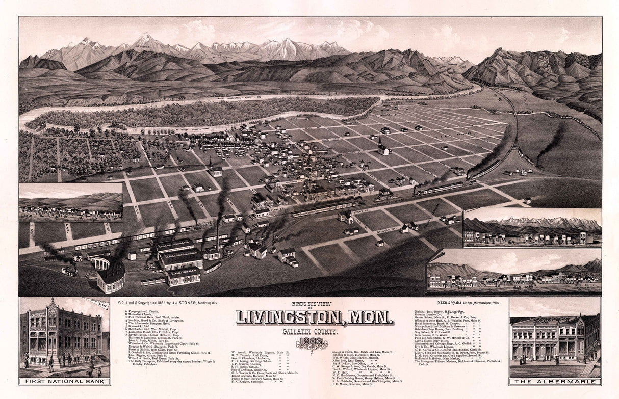 1883 Panoramic Map of Livingston Montana Gallatin County