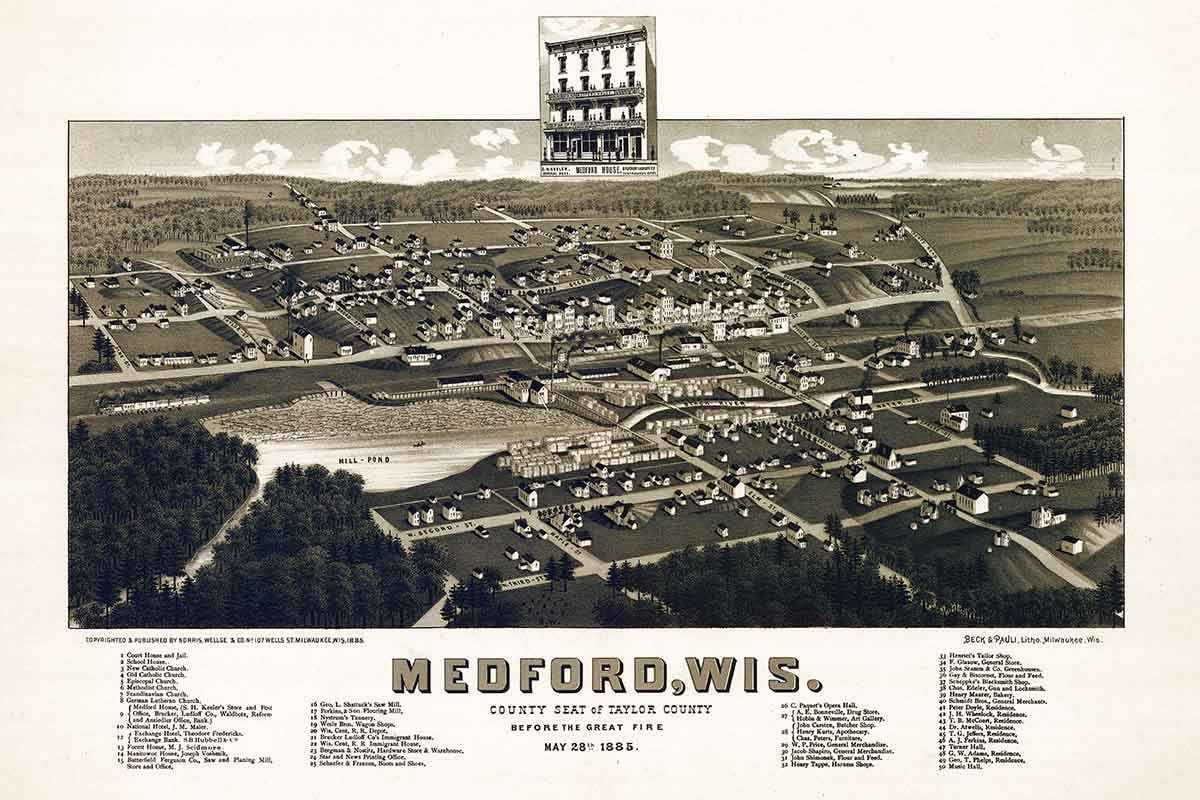 1885 Panoramic Map of Medford Wisconsin Taylor County