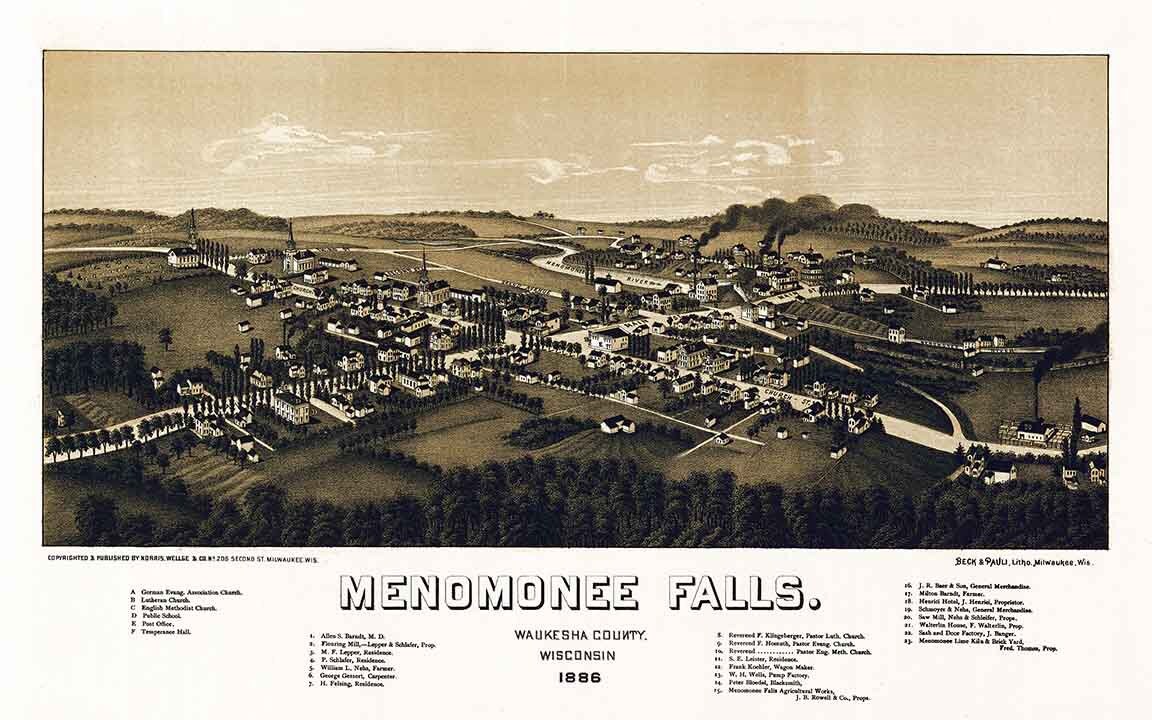 1886 Panoramic Map of Menomonee Falls Waukesha County Wisconsin