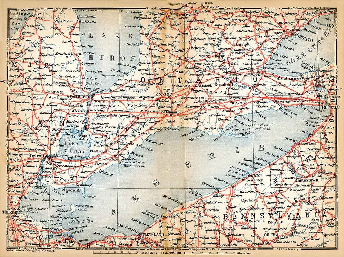1907 Map of Lake Erie and Ontario Canada Pennsylvania