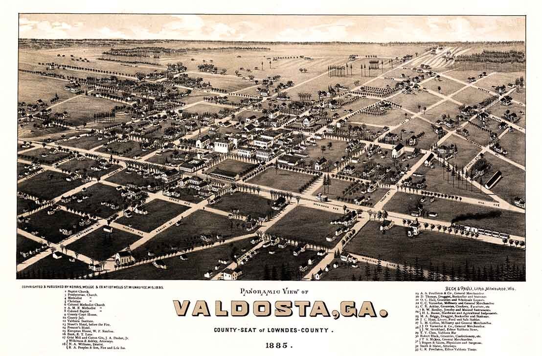 1885 Panoramic Map of Valdosta Georgia Lowndes County