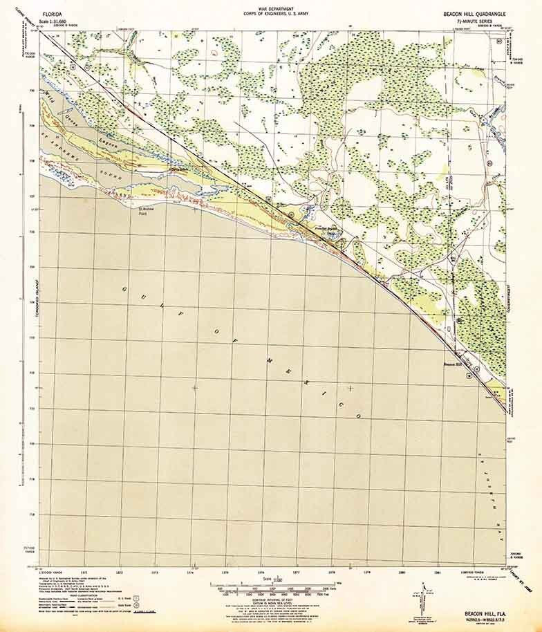 1944 Topo Map of Beacon Hill Quadrangle Florida Mexico Beach