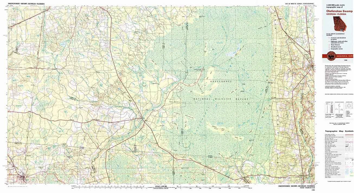 1980 Topo Map of Okefenokee Swamp Georgia Florida