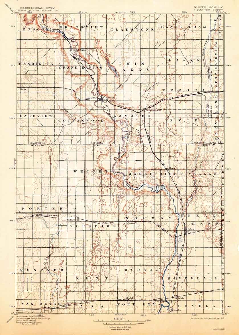 1895 Topo Map of Lamoure North Dakota Grand Rapids