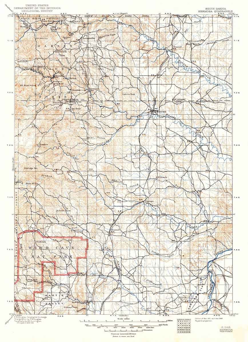 1901 Topo Map of Hermosa South Dakota Wind Cave