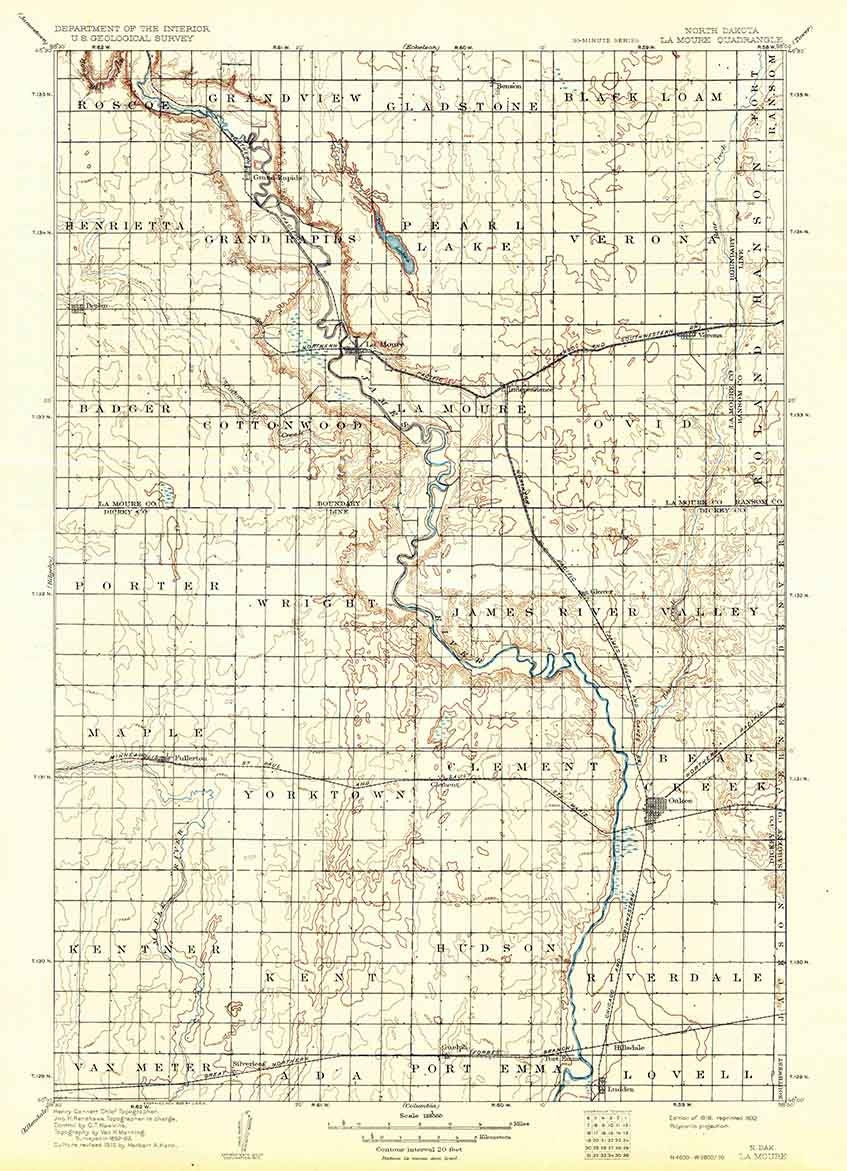 1918 Topo Map of La Moure North Dakota