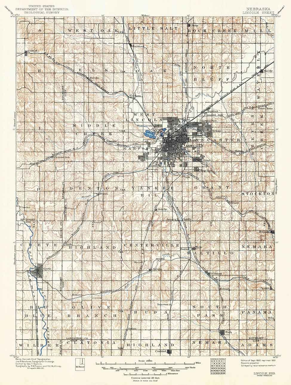 1897 Topo Map of Lincoln Nebraska Crete