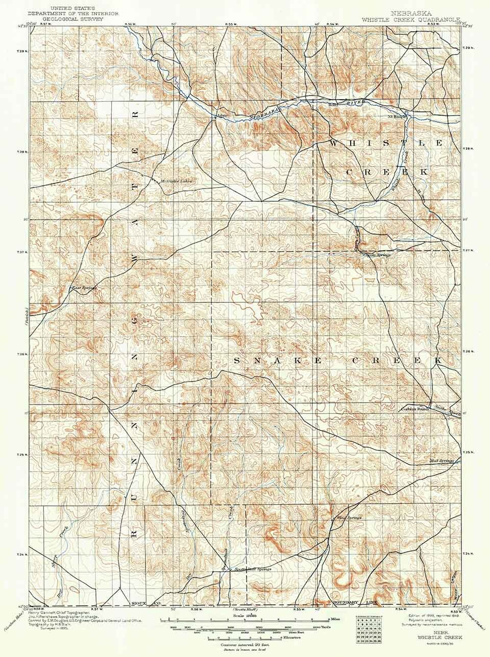 1899 Topo Map of Whistle Creek Nebraska Snake Creek
