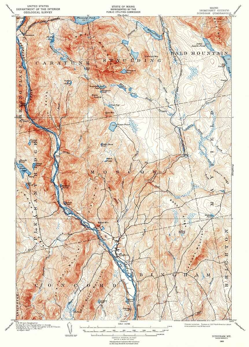 1903 Topo Map of Bingham Maine Moscow