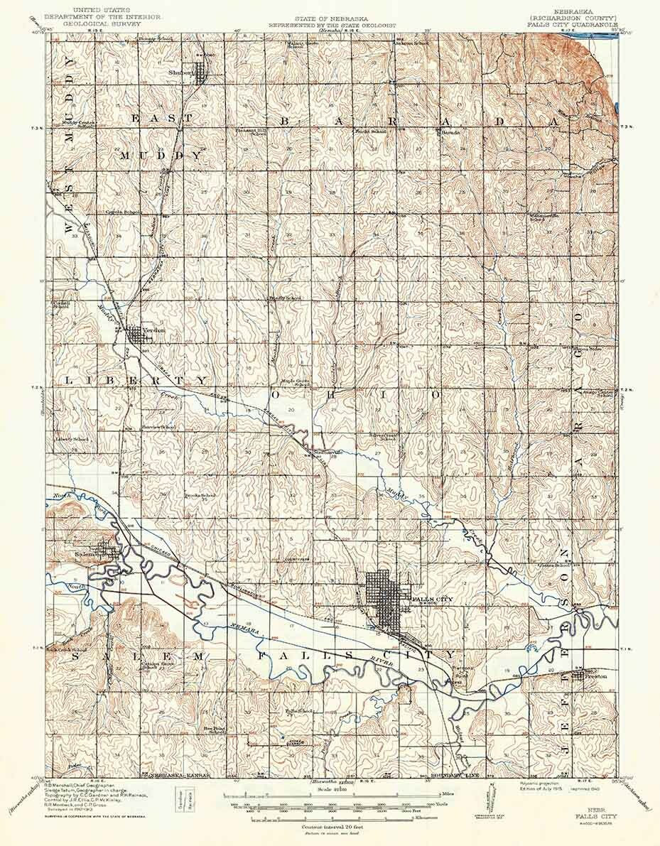 1915 Topo Map of Falls City Nebraska