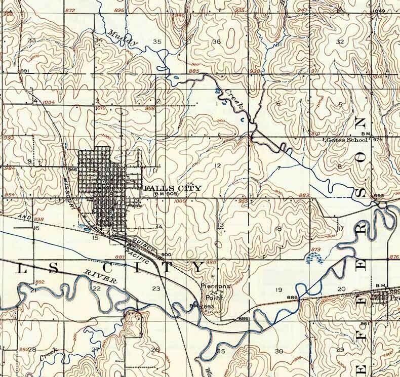 1915 Topo Map of Falls City Nebraska