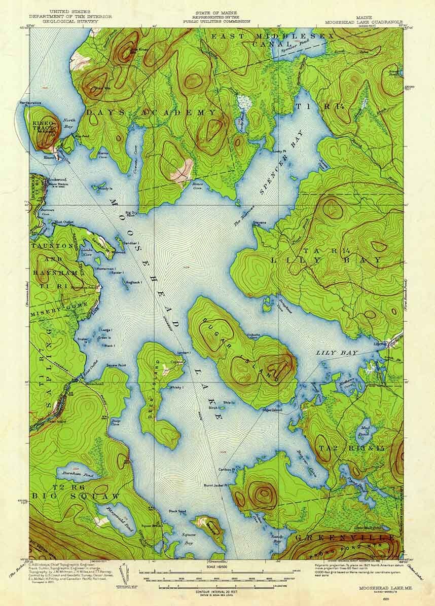 1920 Topo Map of Moosehead Lake Maine Sugar Island