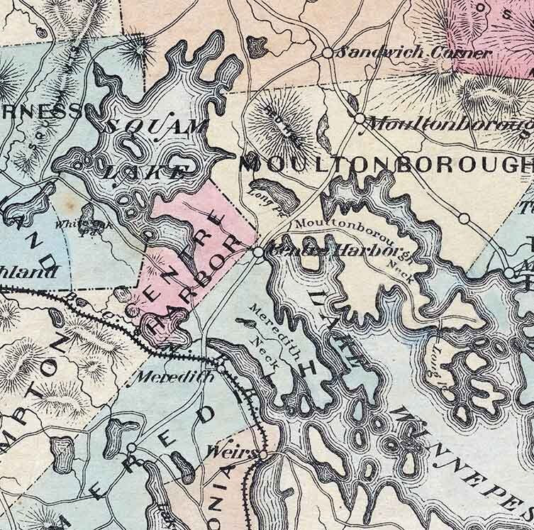 1870 Map of The Lake Country of New Hampshire Lake Winnepesaukee Colored