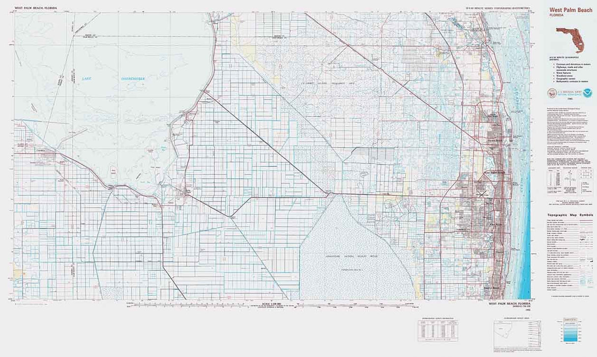 1985 Map of West Palm Beach Florida Lake Okeechobee