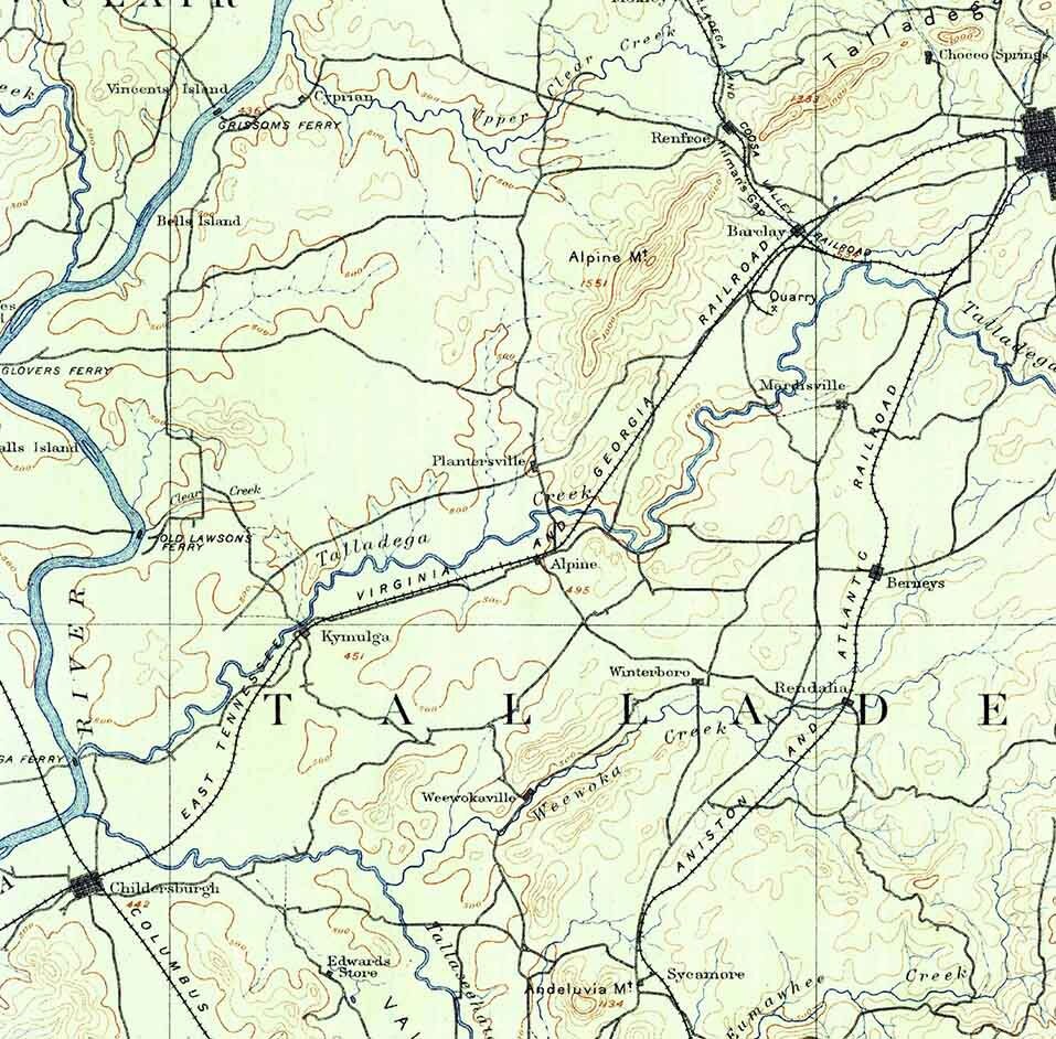 1890 Topo Map of Talladega Alabama Blue Ridge