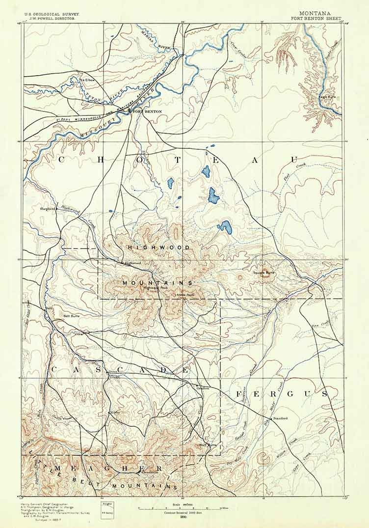 1890 Topo Map of Fort Benton Montana