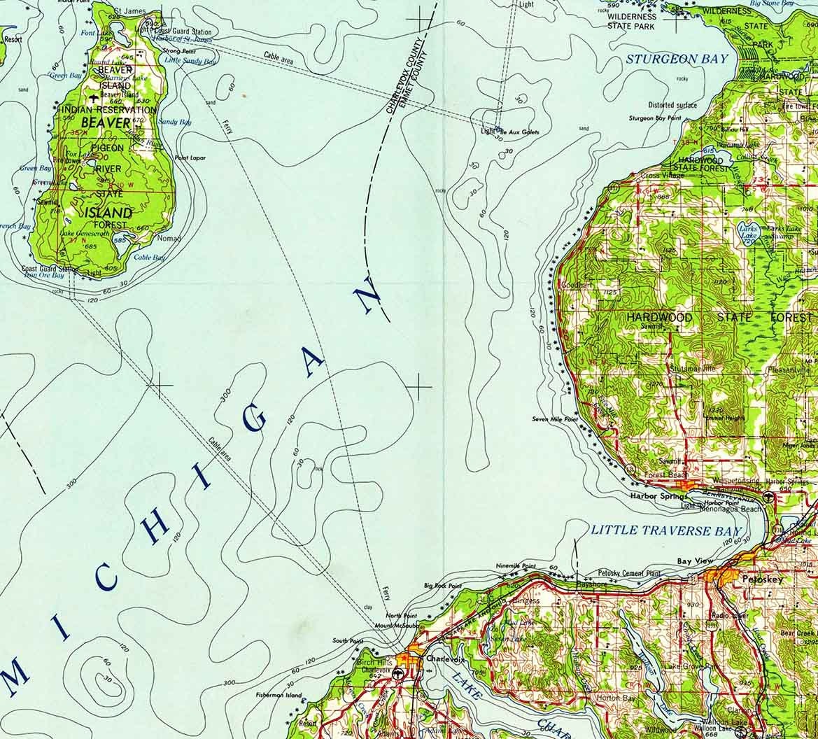 1958 Topo Map of Cheboygan Michigan Beaver Island Lake Huron Lake Michigan