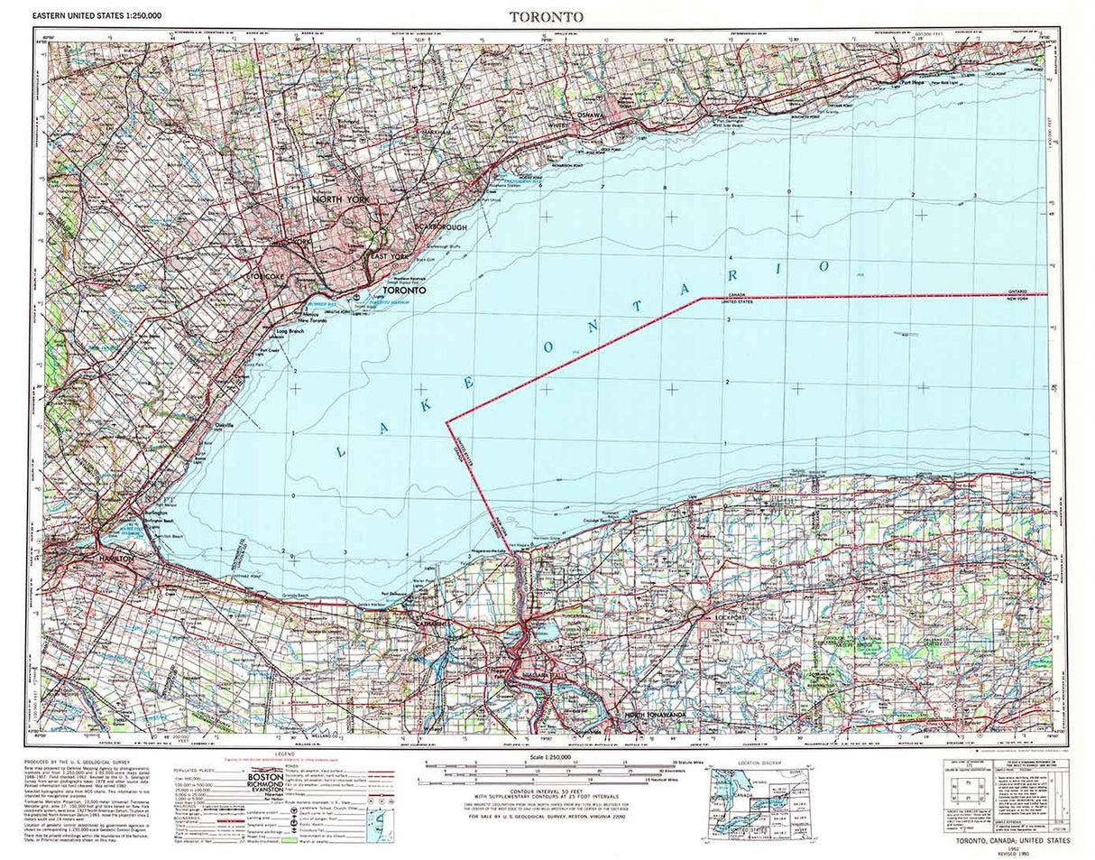 1962 Topo Map of Toronto New York Canada Lake Ontario