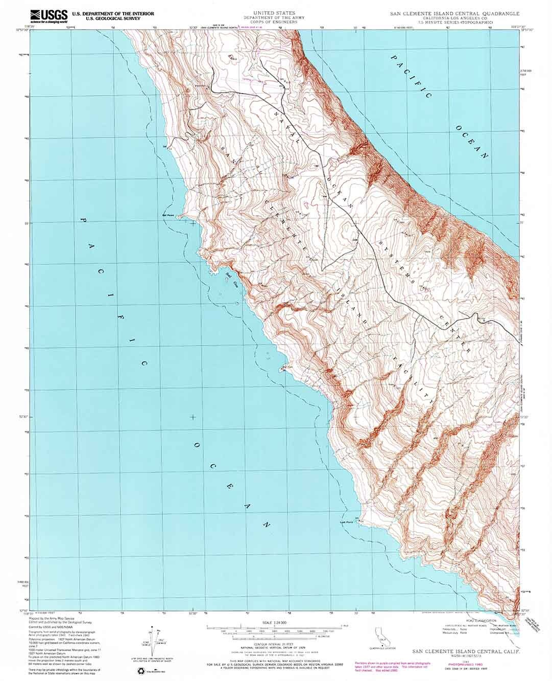 1943 Topo Map of San Clemente Island Central California