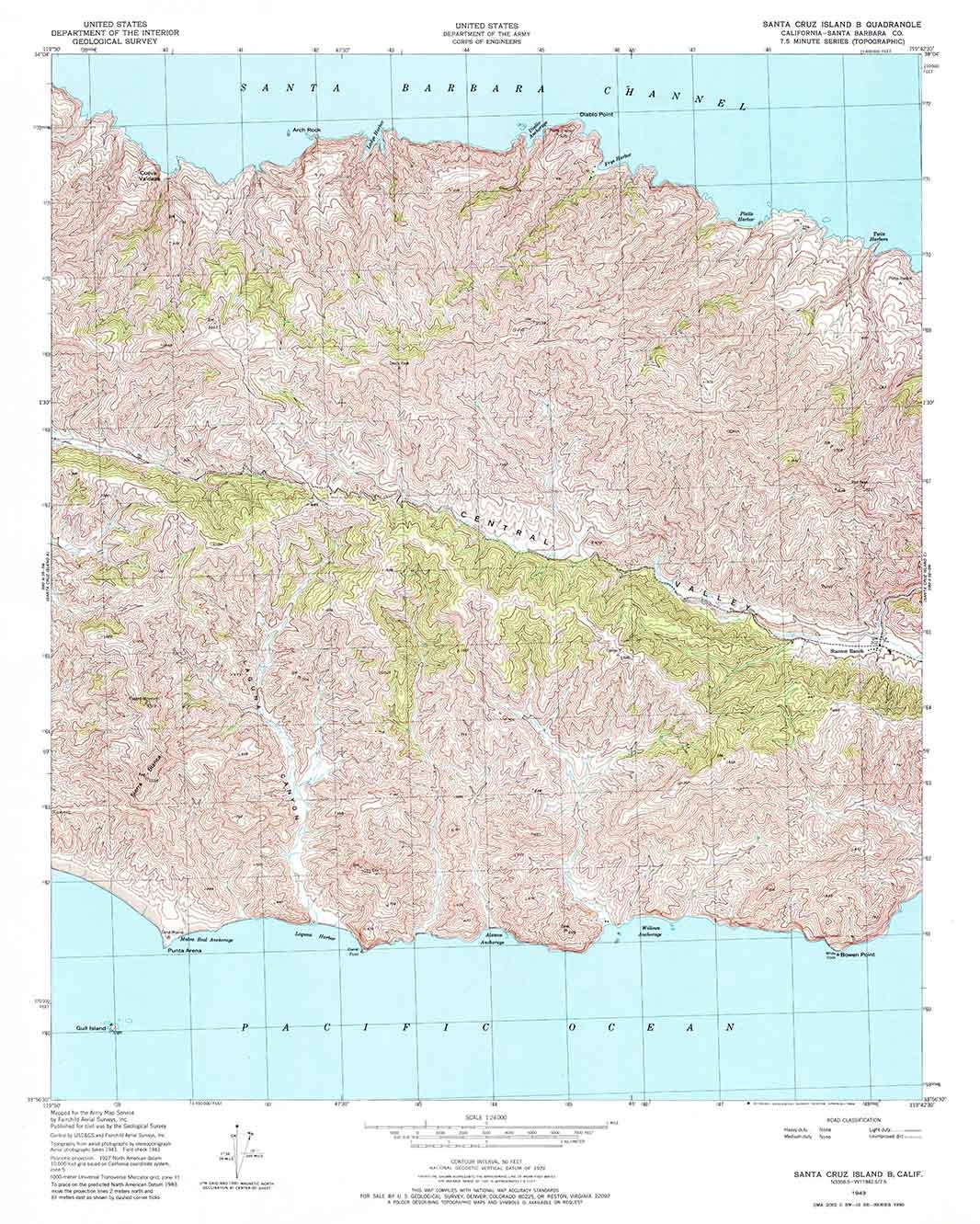 1943 Topo Map of Santa Cruz Island California Central Valley