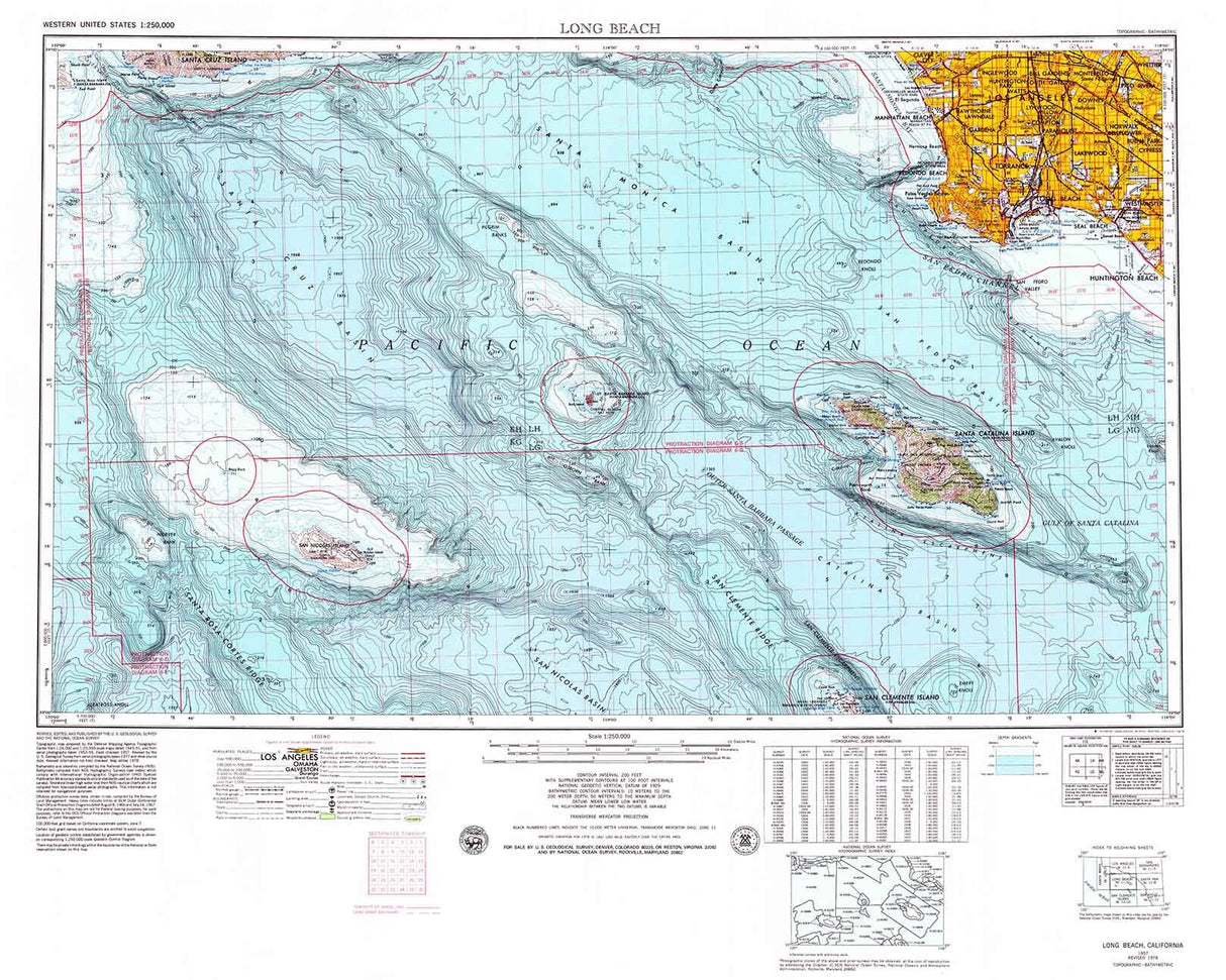 1957 Topo Map of Long Beach California Santa Catalina Island