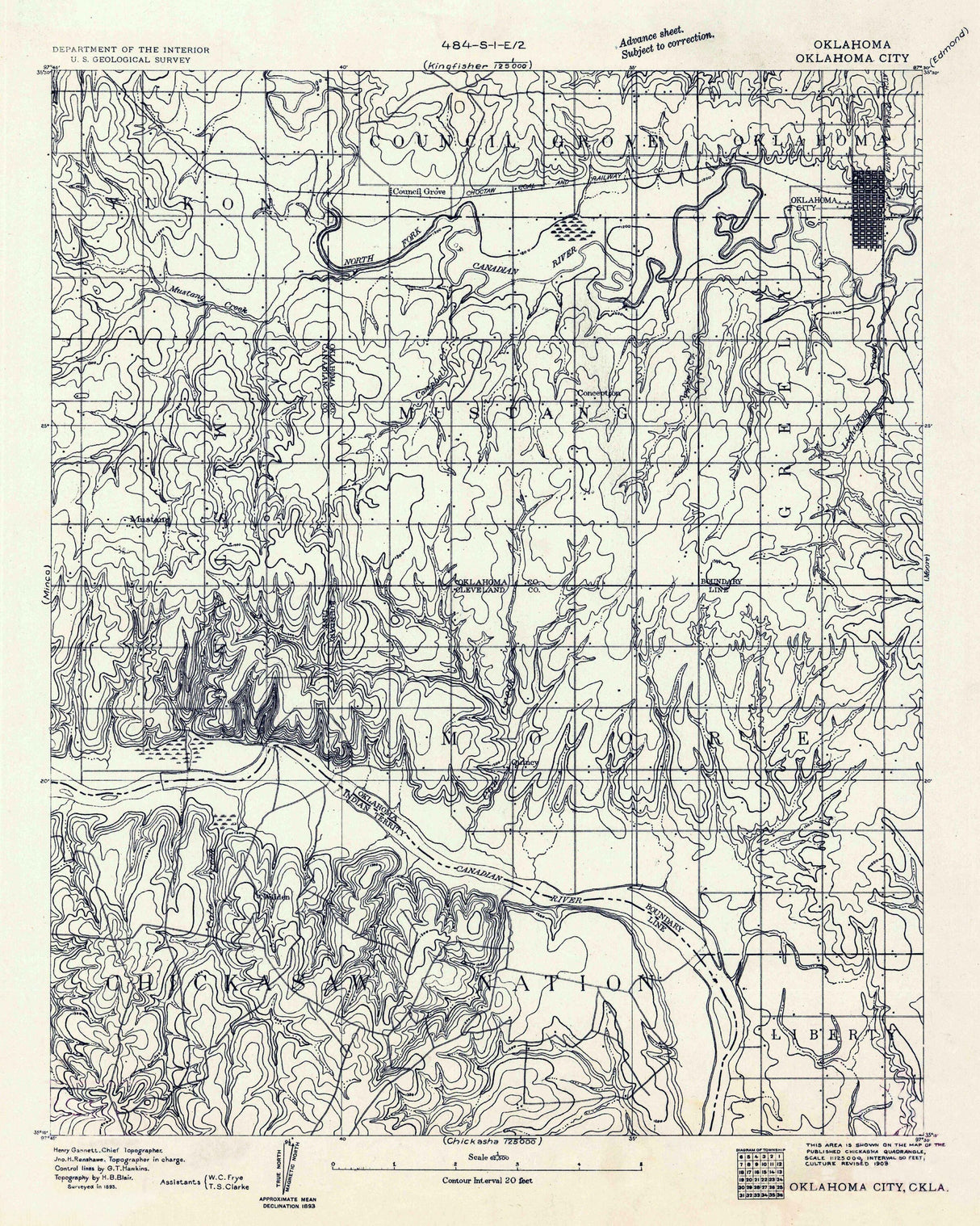 1893 Topo Map of Oklahoma City Oklahoma Chickasaw Nation