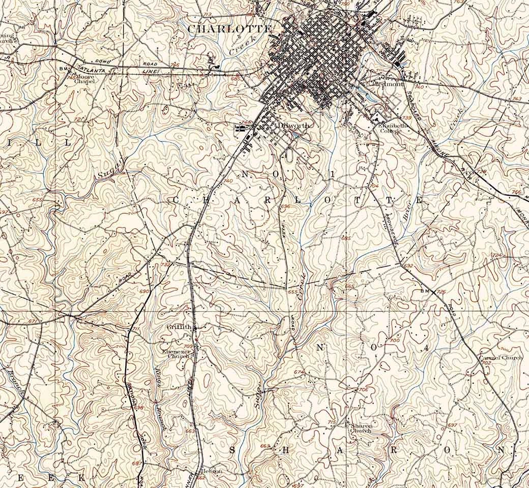 1905 Topo Map of Charlotte North Carolina Fort Mill Pineville