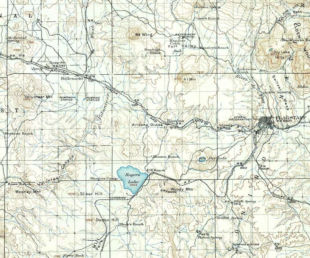 1908 Topo Map of Flagstaff Arizona Rogers Lake