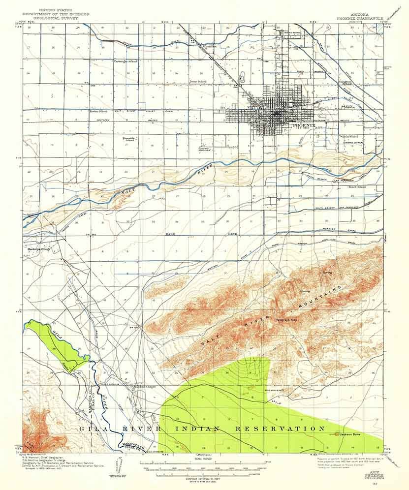 1912 Topo Map of Phoenix Arizona Gila River Indian Reservation