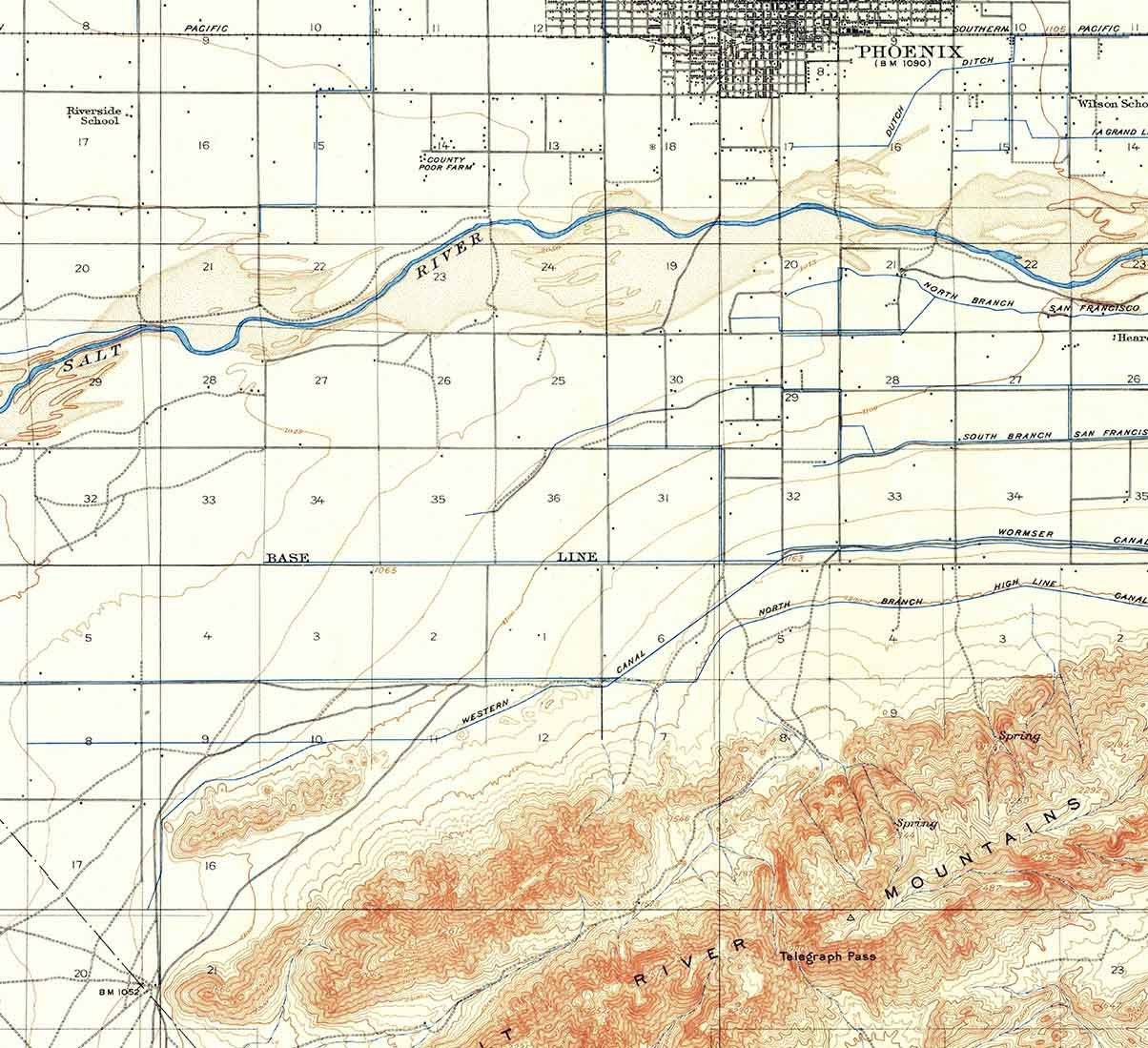 1912 Topo Map of Phoenix Arizona Gila River Indian Reservation