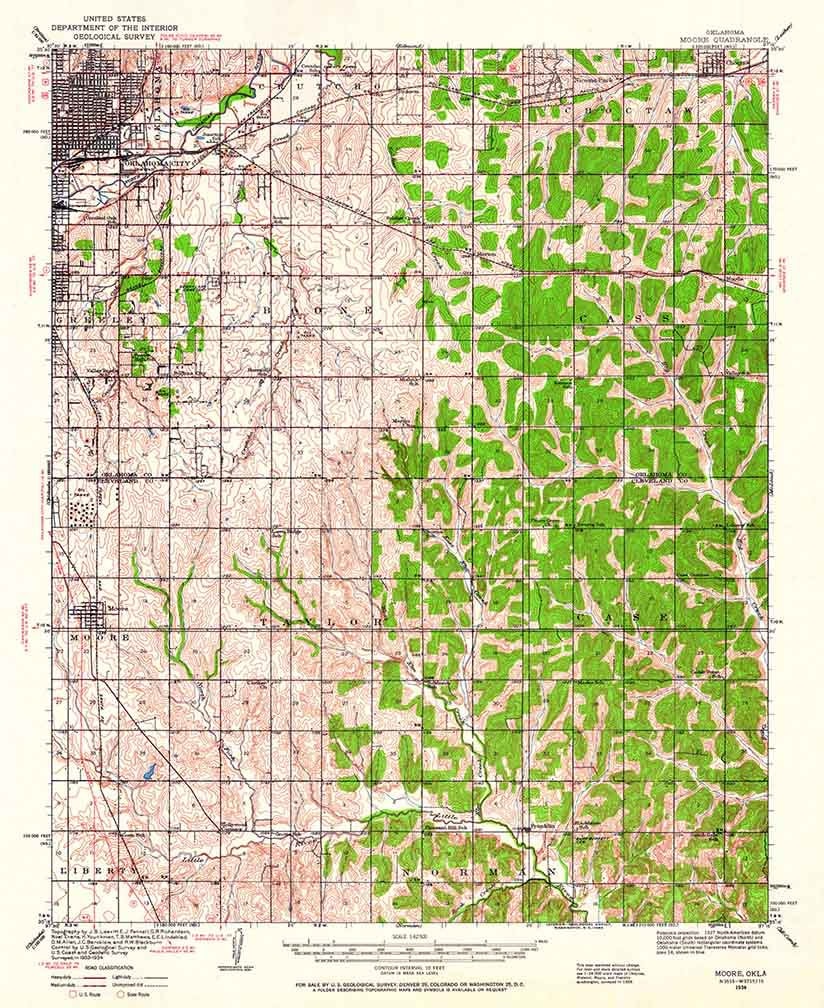 1934 Topo Map of Moore Oklahoma Oklahoma City