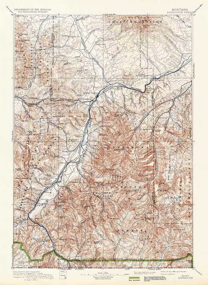 1893 Topo Map of Livingston Montana Absaroka National Forest Crazy Mountains