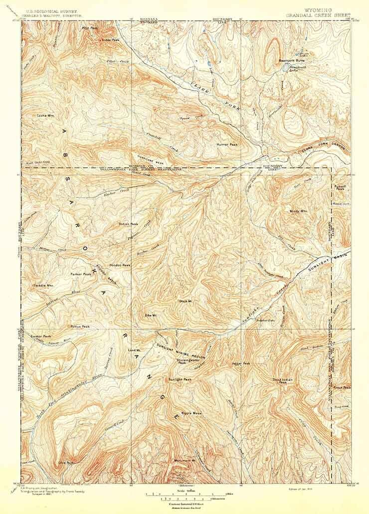 1896 Topo Map of Crandall Creek Wyoming Yellowstone