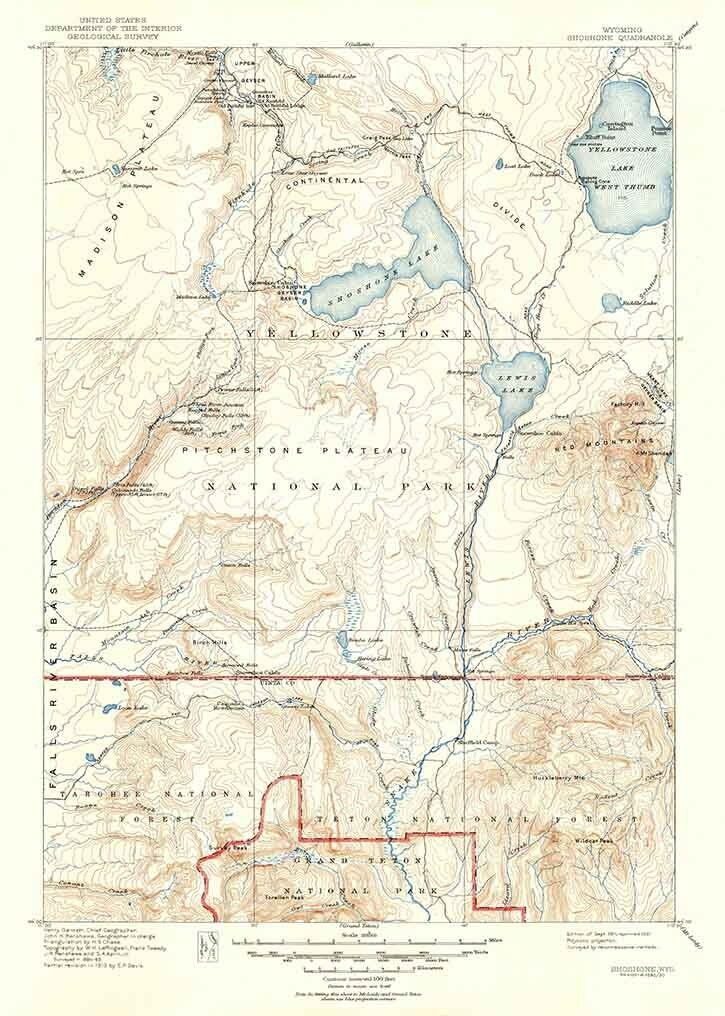 1911 Topo Map of Shoshone Wyoming Yellowstone Teton