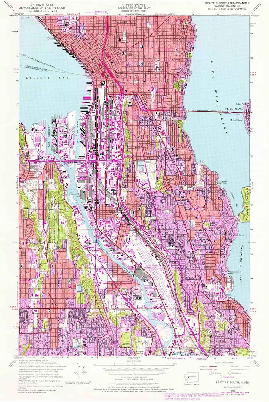 1949 Topo Map of Seattle South Washington Lake Washington