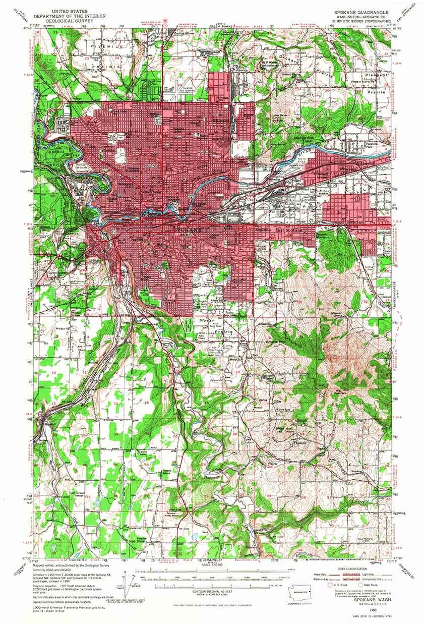 1950 Topo Map of Spokane Washington Fivemile Prairie