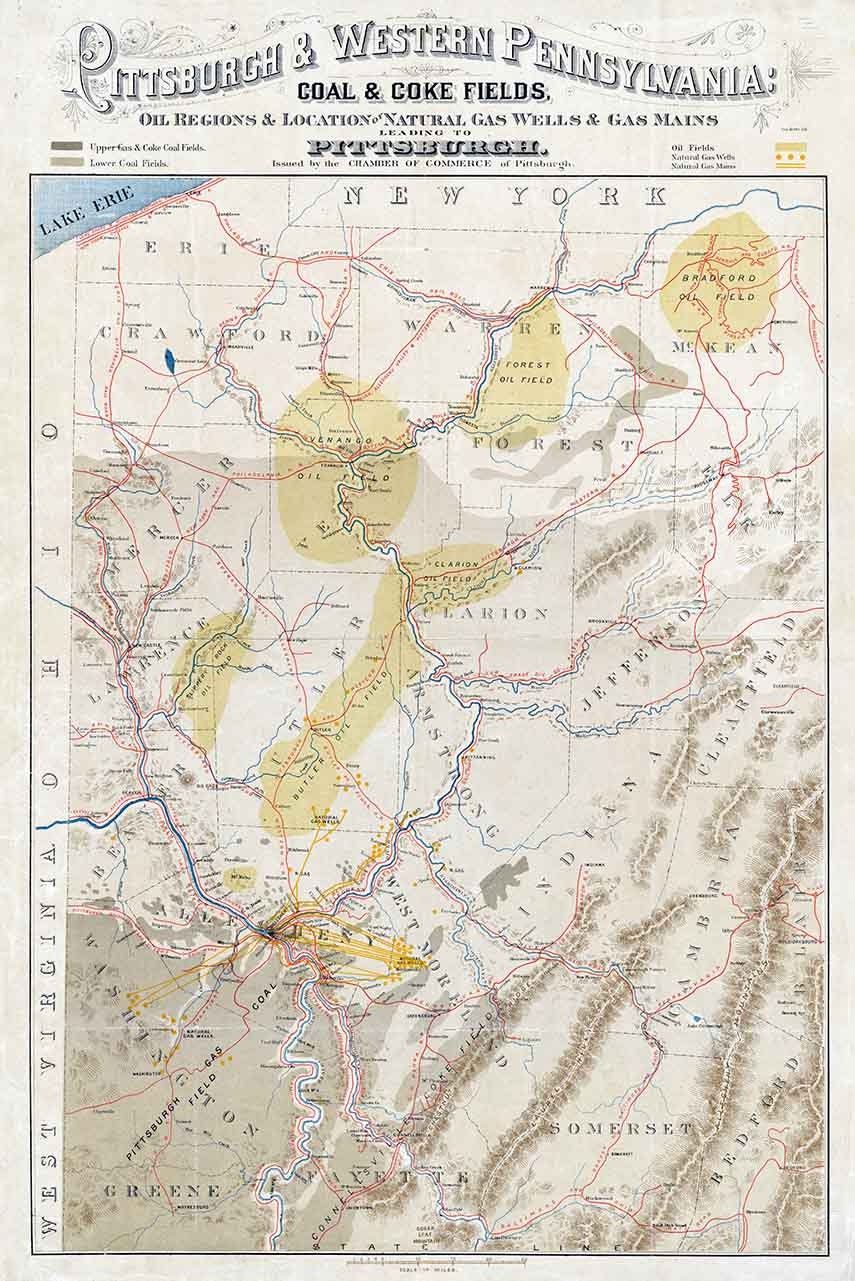 1874 Map of Western Pennsylvania Coal & Coke Fields Oil Regions and Natural Gas Wells and Mains