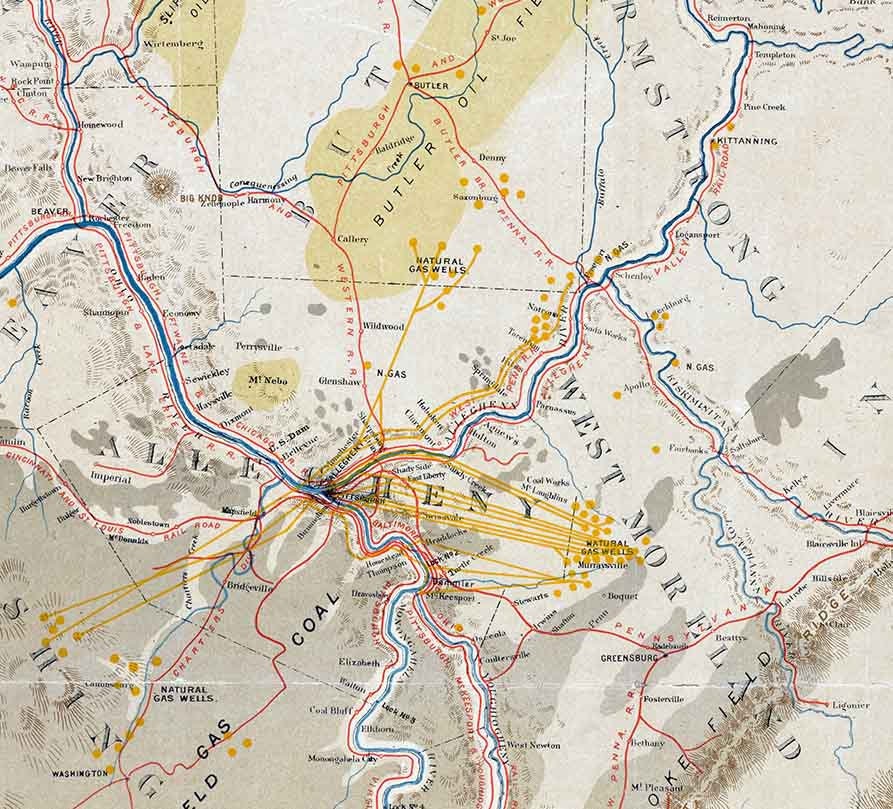 1874 Map of Western Pennsylvania Coal & Coke Fields Oil Regions and Natural Gas Wells and Mains