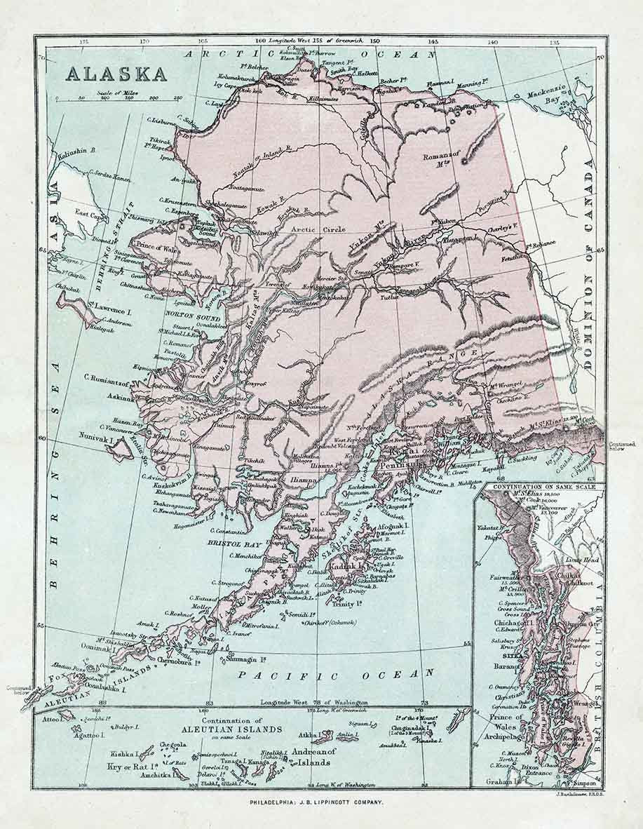 1890 Map of Alaska Canada Aleutian Islands