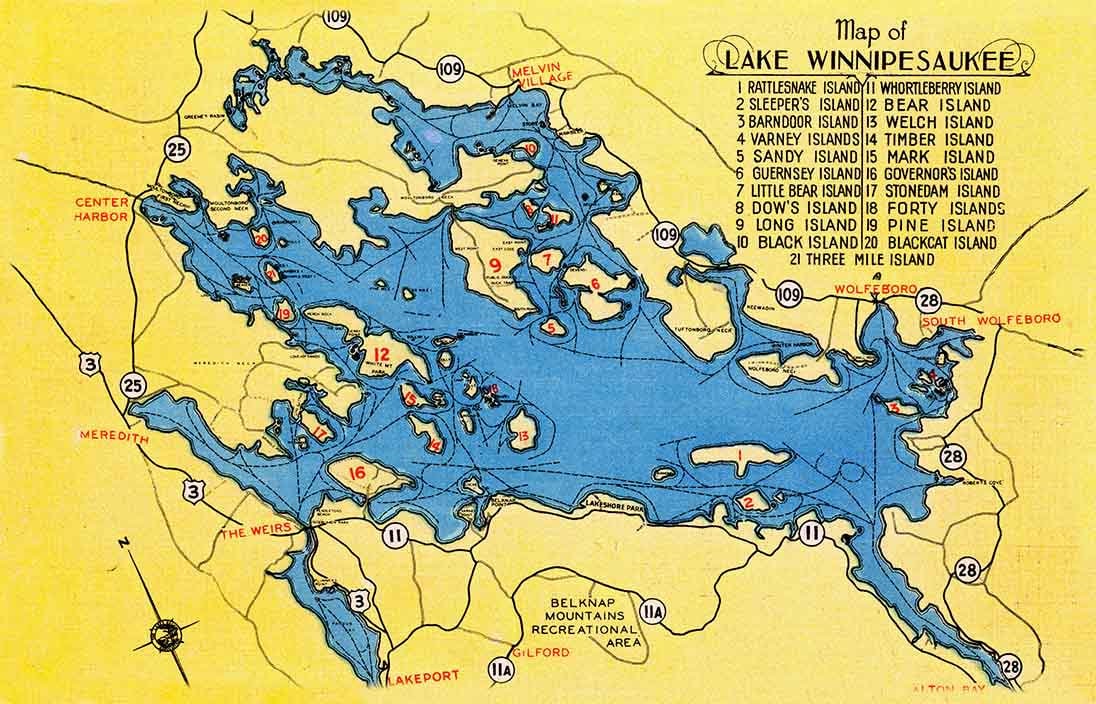 1948 Map of Lake Winnipesaukee New Hampshire